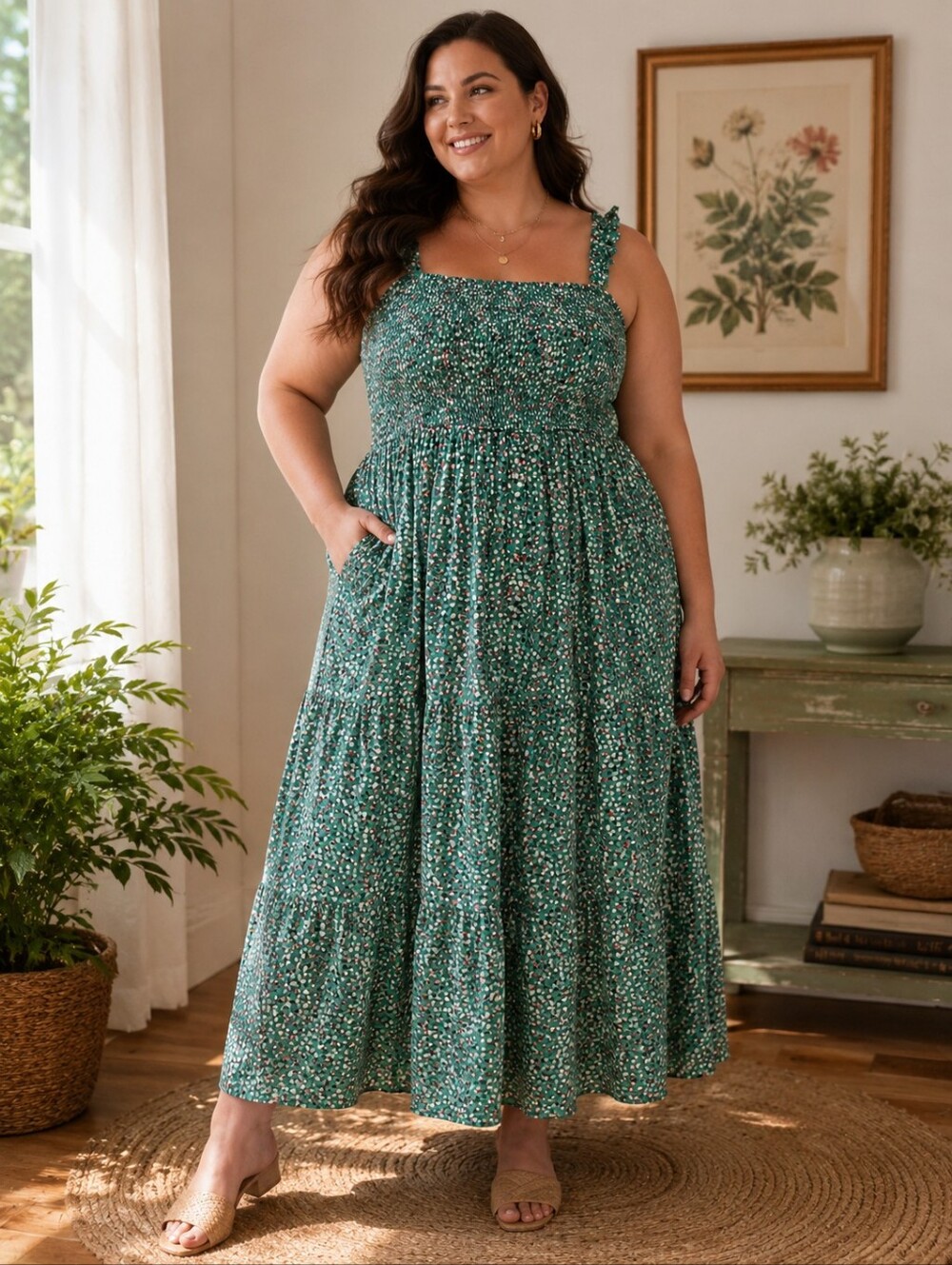 Torrid Size 3 Green Pebble Print Midi Dress NWT | Smocked Bodice | Ruffle Straps